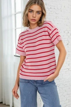 Alden Knit Top: Relaxed Striped Crew Neck Top in Pink>Salty Crush Discount