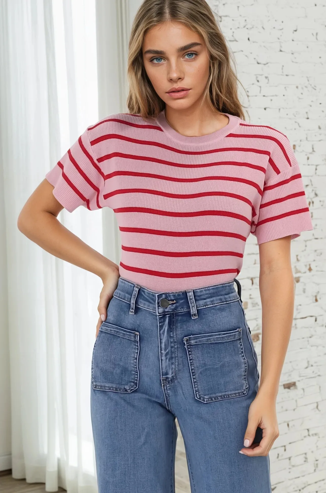 Alden Knit Top: Relaxed Striped Crew Neck Top in Pink>Salty Crush Discount