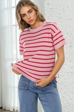 Alden Knit Top: Relaxed Striped Crew Neck Top in Pink><noscript><img width=