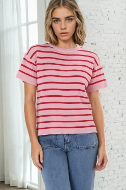 Alden Knit Top: Relaxed Striped Crew Neck Top in Pink><noscript><img width=