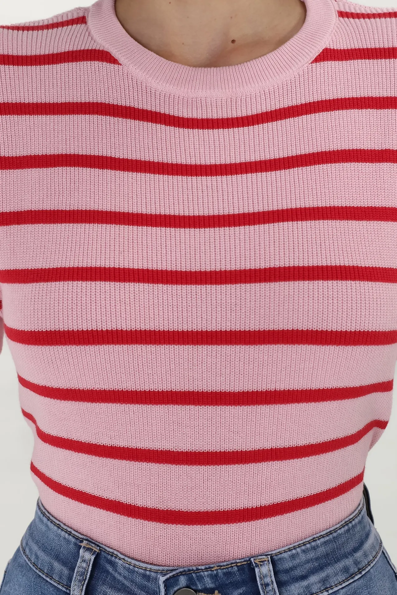 Alden Knit Top: Relaxed Striped Crew Neck Top in Pink>Salty Crush Discount