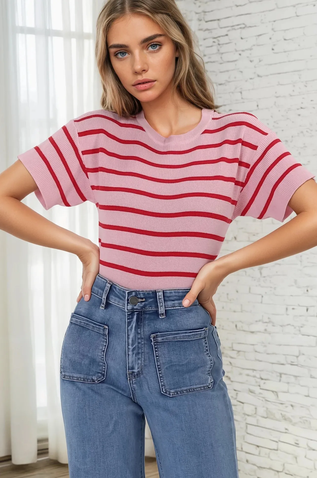 Alden Knit Top: Relaxed Striped Crew Neck Top in Pink>Salty Crush Discount
