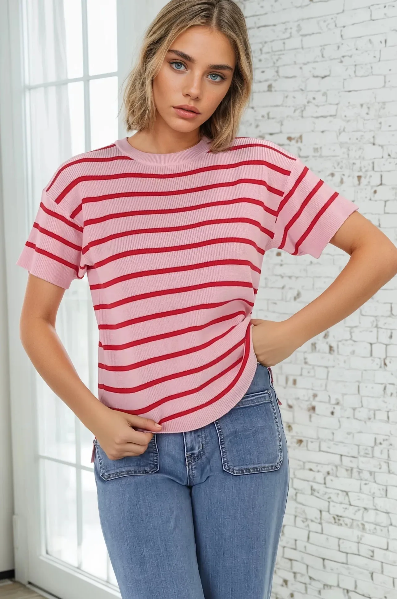 Alden Knit Top: Relaxed Striped Crew Neck Top in Pink>Salty Crush Discount