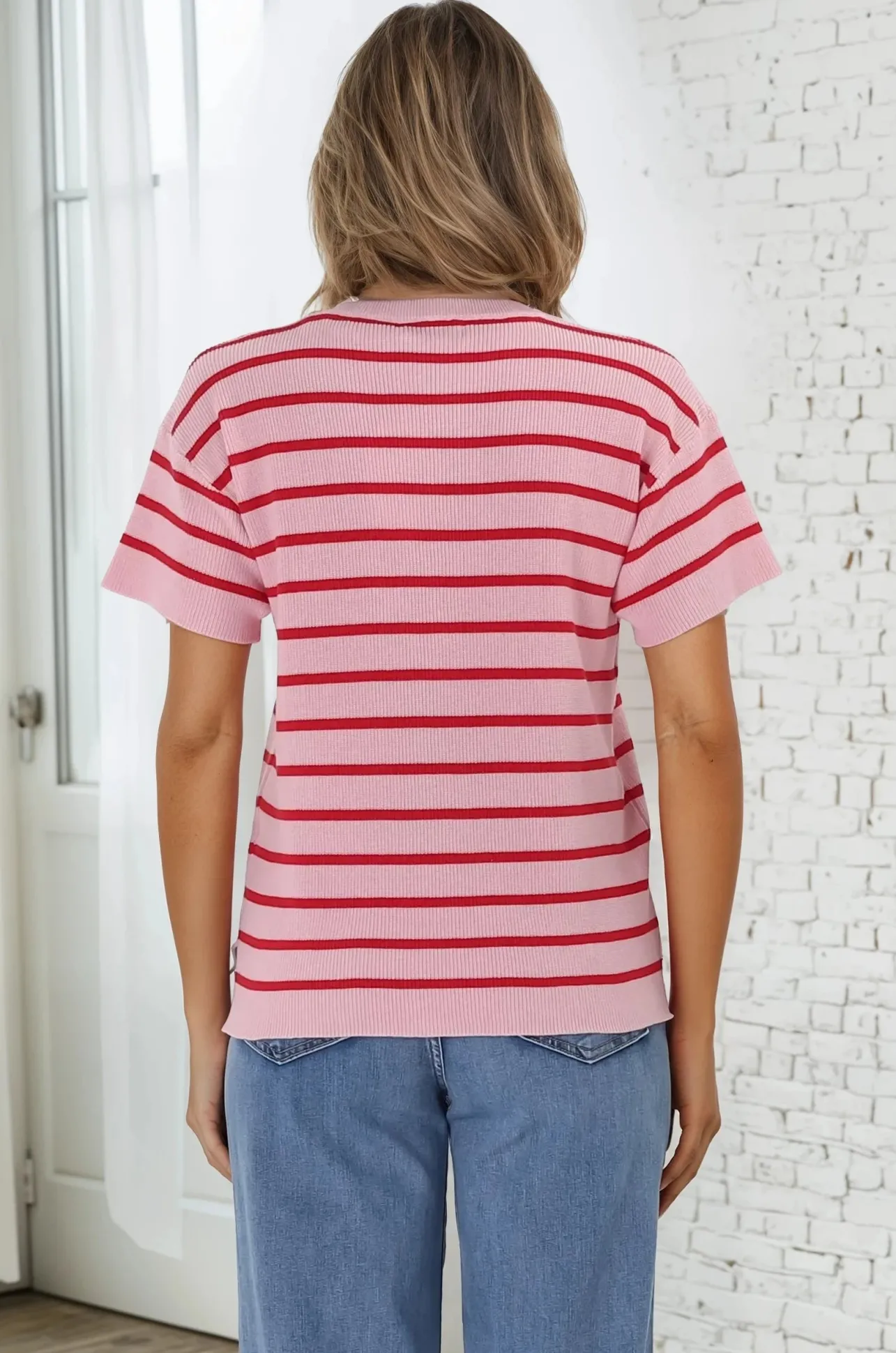 Alden Knit Top: Relaxed Striped Crew Neck Top in Pink>Salty Crush Discount