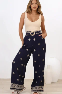 Alesia Pants - High Waisted Embroidered Pants with Belt in Selena Print Navy>Salty Crush Discount