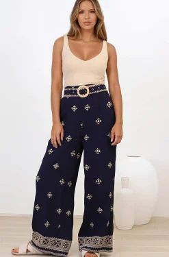 Alesia Pants - High Waisted Embroidered Pants with Belt in Selena Print Navy><noscript><img width=