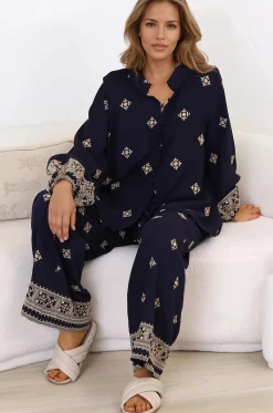 Alesia Pants - High Waisted Embroidered Pants with Belt in Selena Print Navy><noscript><img width=
