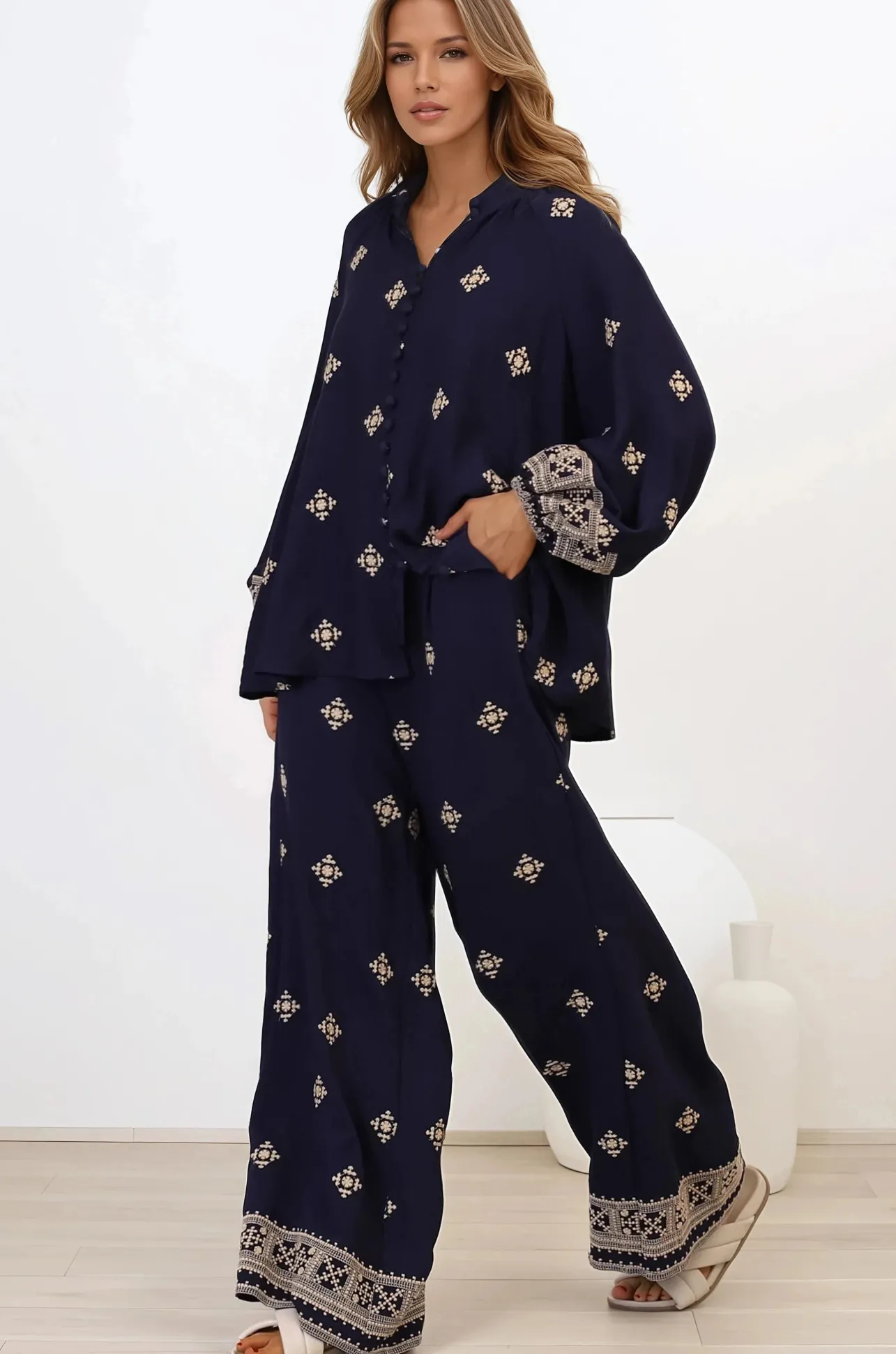 Alesia Pants - High Waisted Embroidered Pants with Belt in Selena Print Navy>Salty Crush Discount