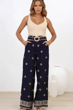 Alesia Pants - High Waisted Embroidered Pants with Belt in Selena Print Navy><noscript><img width=