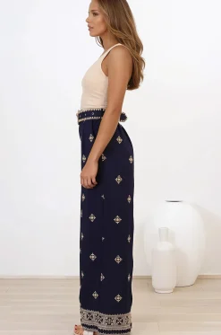 Alesia Pants - High Waisted Embroidered Pants with Belt in Selena Print Navy><noscript><img width=