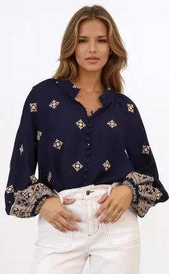 Alexi Blouse - Mandarin Collar Embroidered Button-Down Shirt in Selena Print Navy>Salty Crush Discount