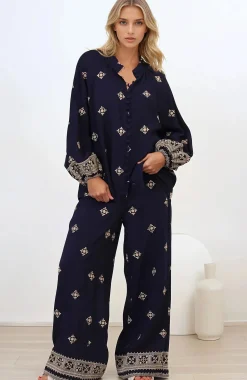Alexi Blouse - Mandarin Collar Embroidered Button-Down Shirt in Selena Print Navy><noscript><img width=
