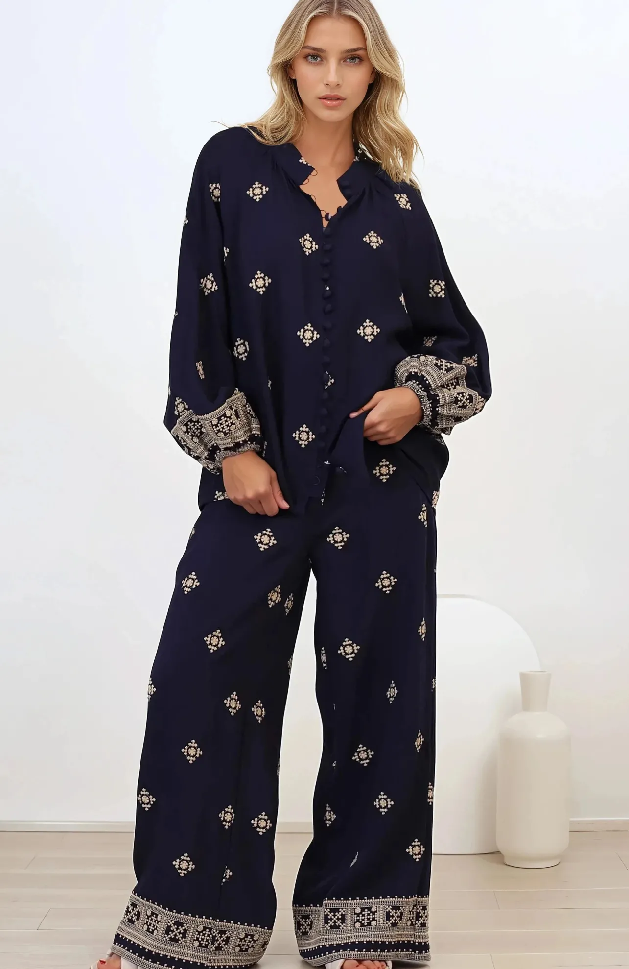 Alexi Blouse - Mandarin Collar Embroidered Button-Down Shirt in Selena Print Navy>Salty Crush Discount