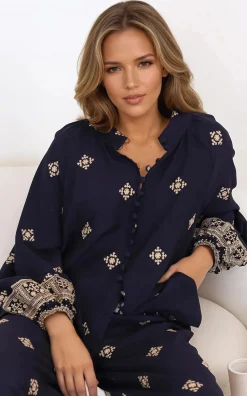 Alexi Blouse - Mandarin Collar Embroidered Button-Down Shirt in Selena Print Navy><noscript><img width=