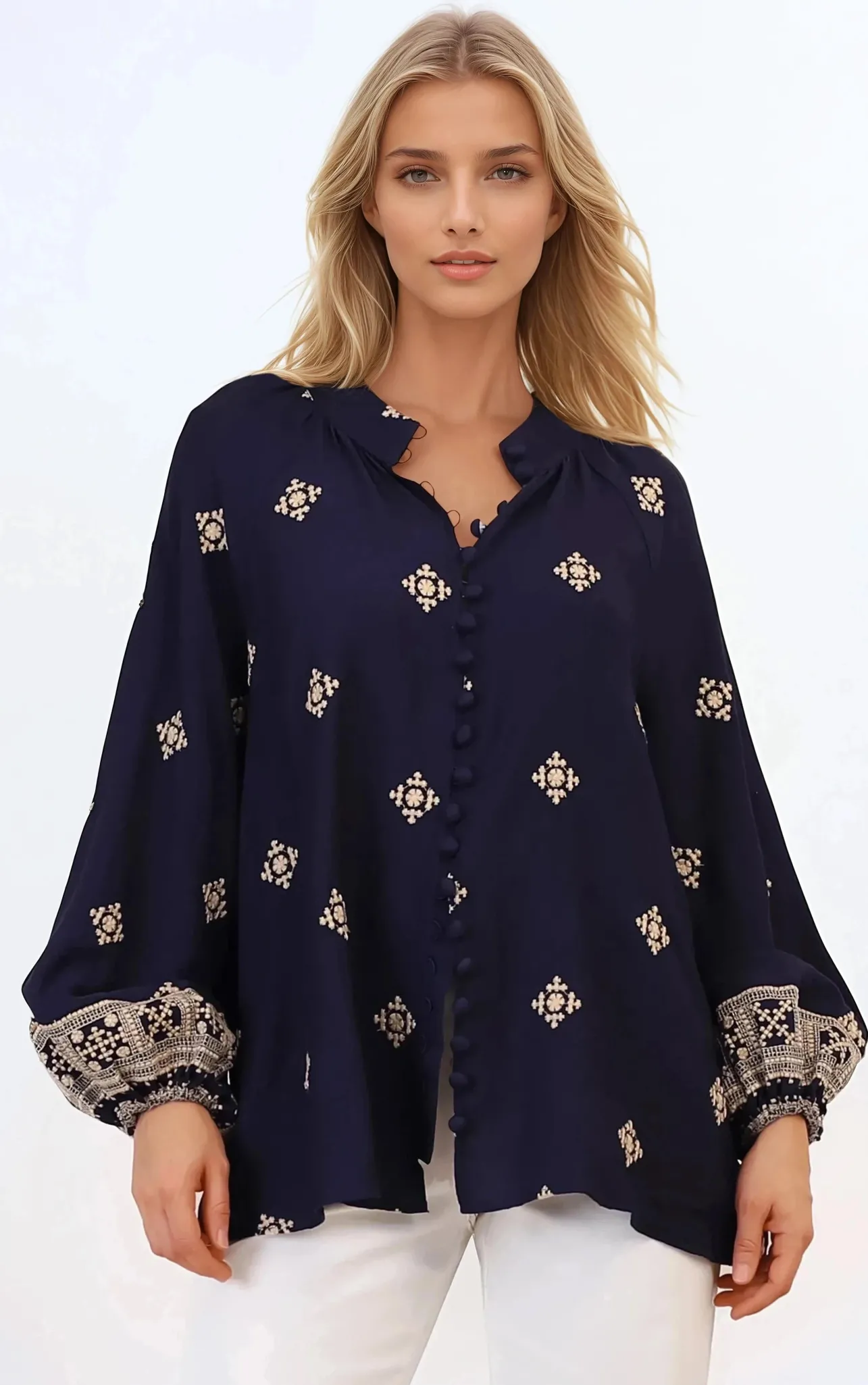 Alexi Blouse - Mandarin Collar Embroidered Button-Down Shirt in Selena Print Navy>Salty Crush Discount