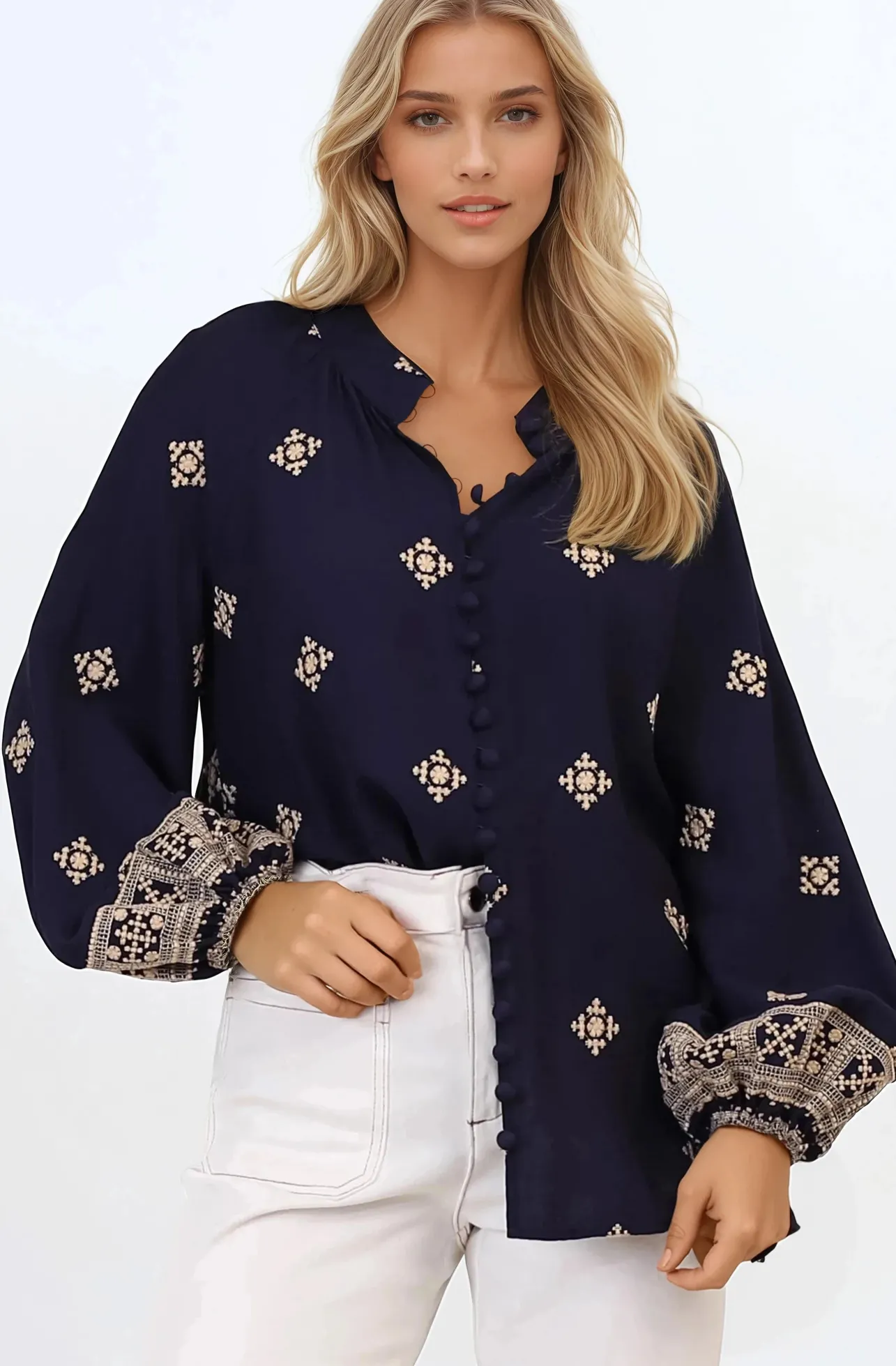 Alexi Blouse - Mandarin Collar Embroidered Button-Down Shirt in Selena Print Navy>Salty Crush Discount