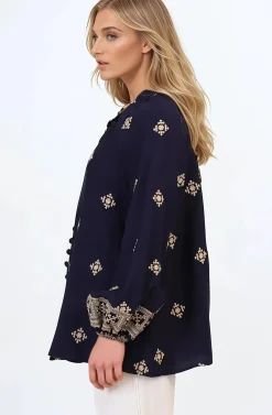 Alexi Blouse - Mandarin Collar Embroidered Button-Down Shirt in Selena Print Navy><noscript><img width=