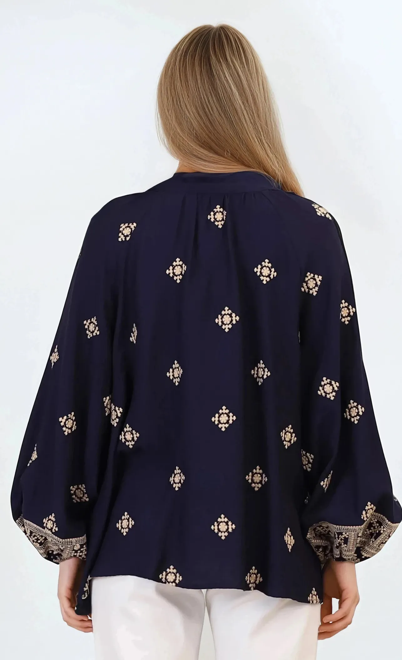 Alexi Blouse - Mandarin Collar Embroidered Button-Down Shirt in Selena Print Navy>Salty Crush Discount