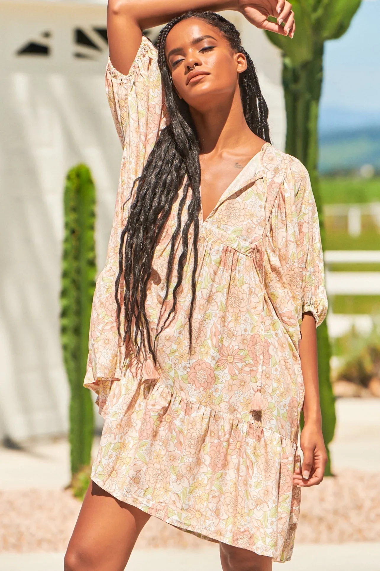 Alice Mini Dress - V Neckline with Pin Tucking Bust Detail Dress Tigerlily Print>Jaase Best