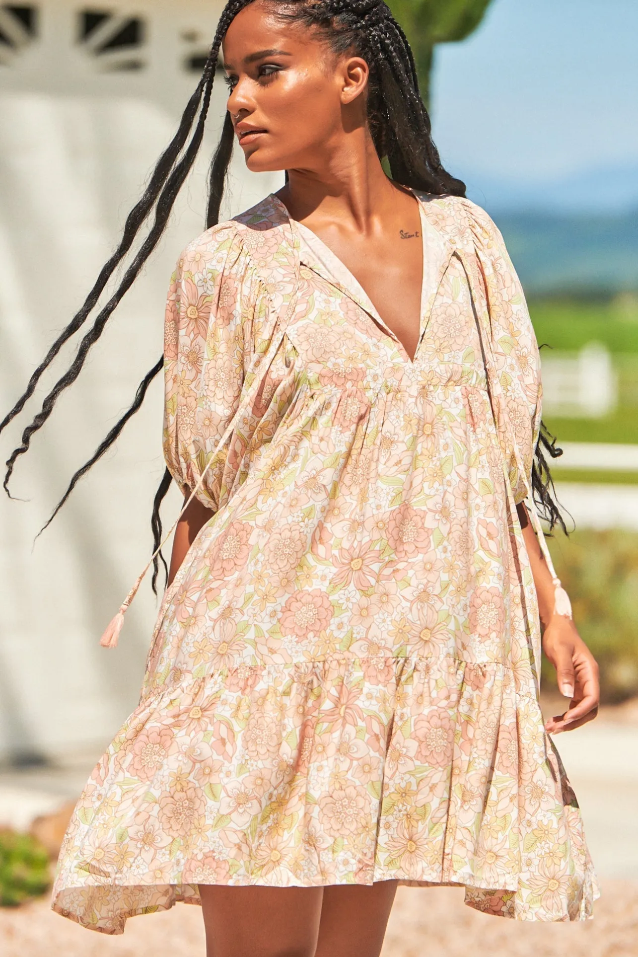 Alice Mini Dress - V Neckline with Pin Tucking Bust Detail Dress Tigerlily Print>Jaase Best