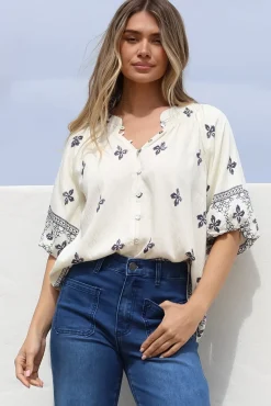 Alicia Top - Mandarin Collar Buttoned-Down Top in Sahara Print Navy>Salty Crush