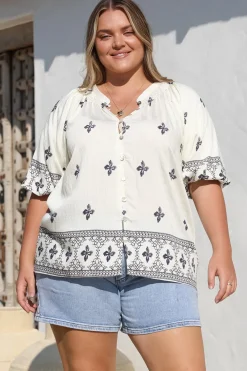 Alicia Top - Mandarin Collar Buttoned-Down Top in Sahara Print Navy><noscript><img width=