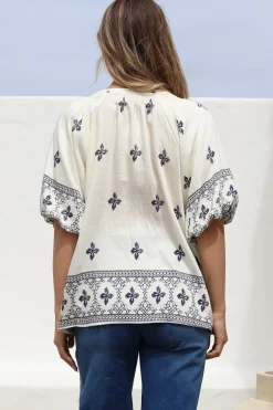 Alicia Top - Mandarin Collar Buttoned-Down Top in Sahara Print Navy><noscript><img width=