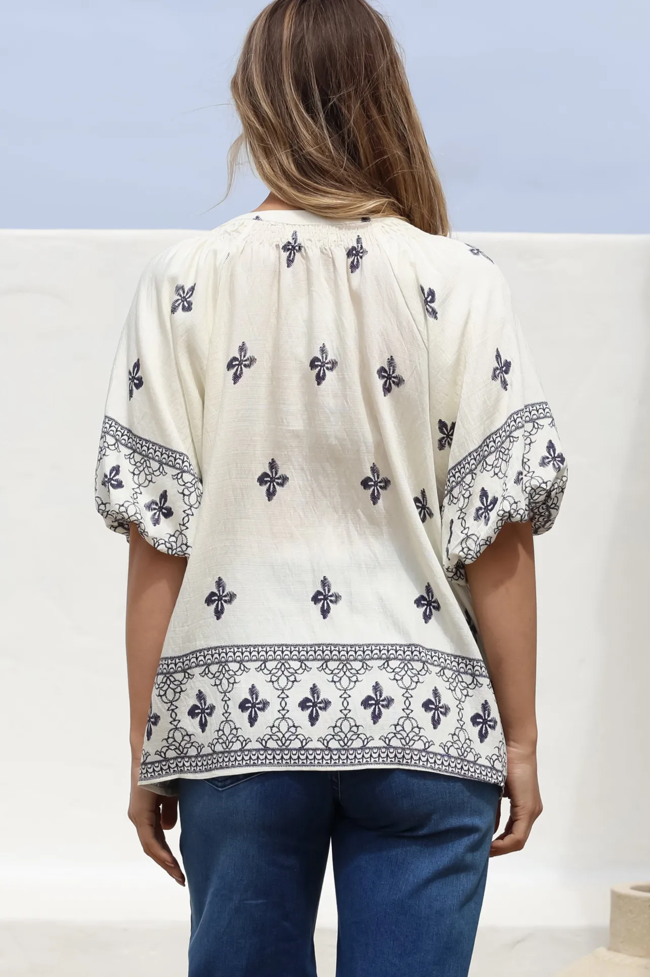 Alicia Top - Mandarin Collar Buttoned-Down Top in Sahara Print Navy>Salty Crush