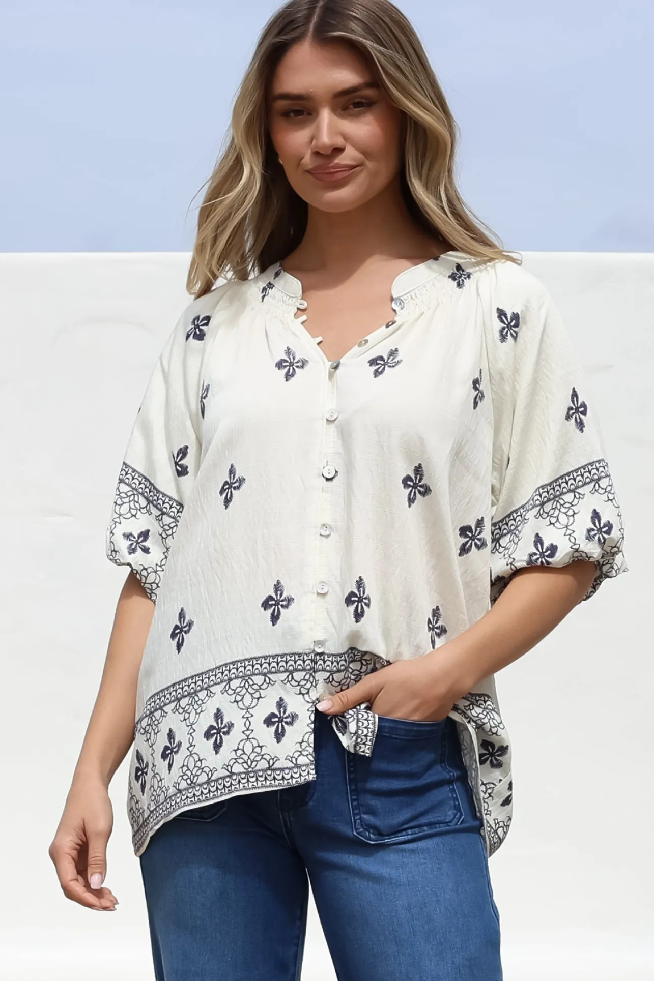Alicia Top - Mandarin Collar Buttoned-Down Top in Sahara Print Navy>Salty Crush