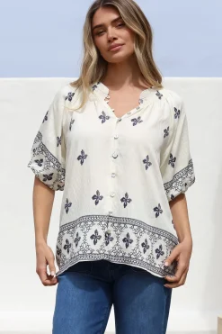 Alicia Top - Mandarin Collar Buttoned-Down Top in Sahara Print Navy><noscript><img width=