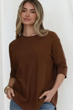Allegra Knit Top - Crew Neck Curved Hem Box Silhouette Top in Chocolate>Salty Crush Discount