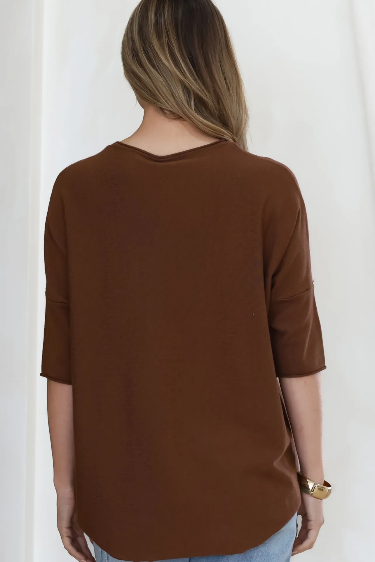 Allegra Knit Top - Crew Neck Curved Hem Box Silhouette Top in Chocolate>Salty Crush Discount