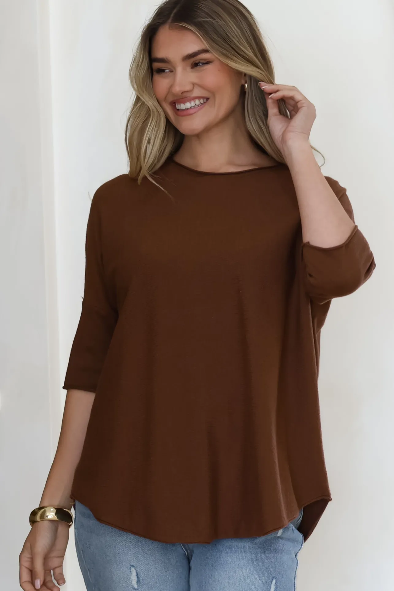 Allegra Knit Top - Crew Neck Curved Hem Box Silhouette Top in Chocolate>Salty Crush Discount