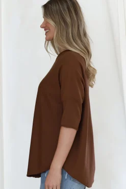 Allegra Knit Top - Crew Neck Curved Hem Box Silhouette Top in Chocolate><noscript><img width=