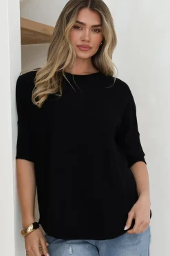 Allegra Knit Top - Crew Neck Curved Hem Box Silhouette Top in Black>Salty Crush New