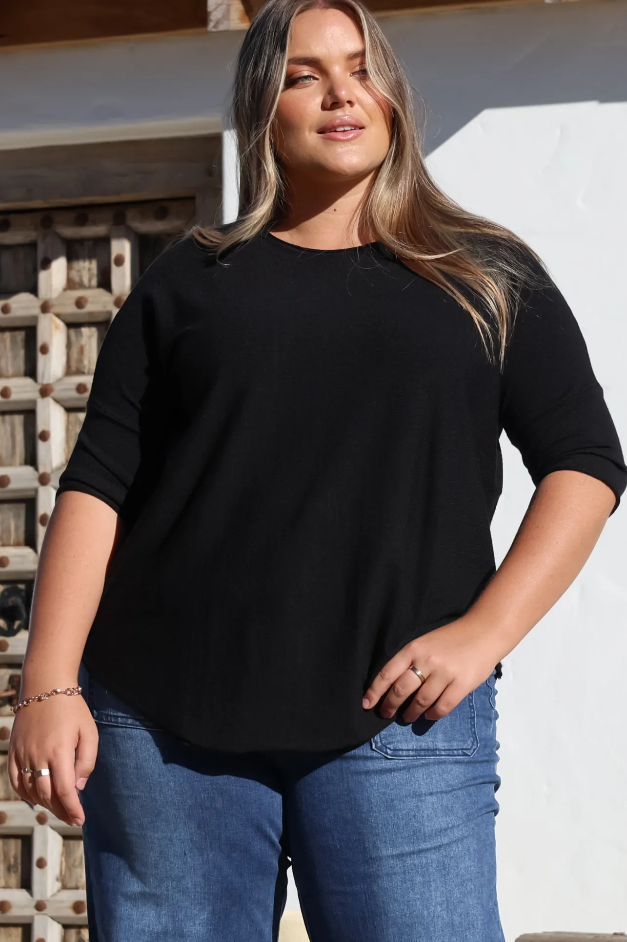Allegra Knit Top - Crew Neck Curved Hem Box Silhouette Top in Black>Salty Crush New