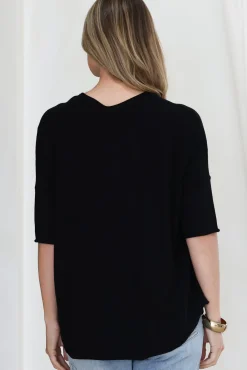 Allegra Knit Top - Crew Neck Curved Hem Box Silhouette Top in Black><noscript><img width=