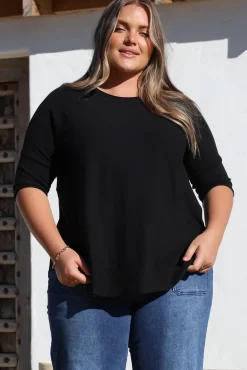 Allegra Knit Top - Crew Neck Curved Hem Box Silhouette Top in Black><noscript><img width=