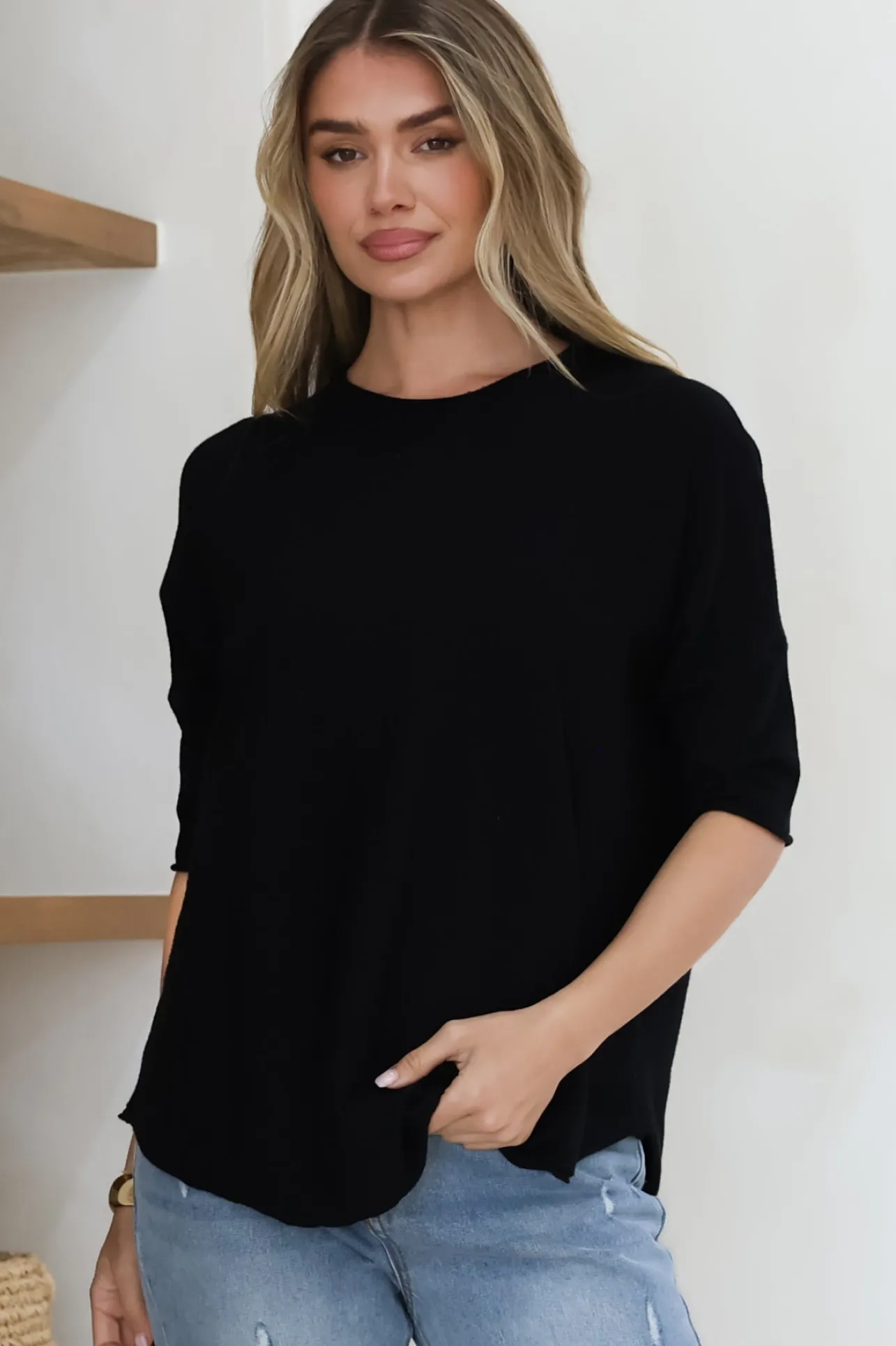 Allegra Knit Top - Crew Neck Curved Hem Box Silhouette Top in Black>Salty Crush New