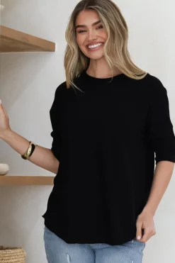 Allegra Knit Top - Crew Neck Curved Hem Box Silhouette Top in Black><noscript><img width=
