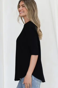 Allegra Knit Top - Crew Neck Curved Hem Box Silhouette Top in Black><noscript><img width=