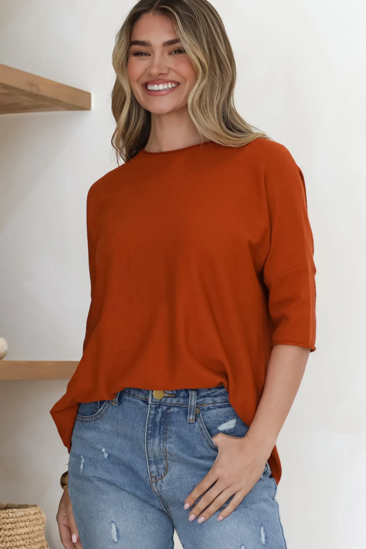 Allegra Knit Top - Crew Neck Curved Hem Box Silhouette Top in Burnt Orange>Salty Crush Hot