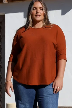 Allegra Knit Top - Crew Neck Curved Hem Box Silhouette Top in Burnt Orange>Salty Crush Hot