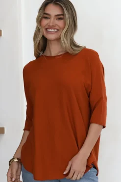 Allegra Knit Top - Crew Neck Curved Hem Box Silhouette Top in Burnt Orange><noscript><img width=