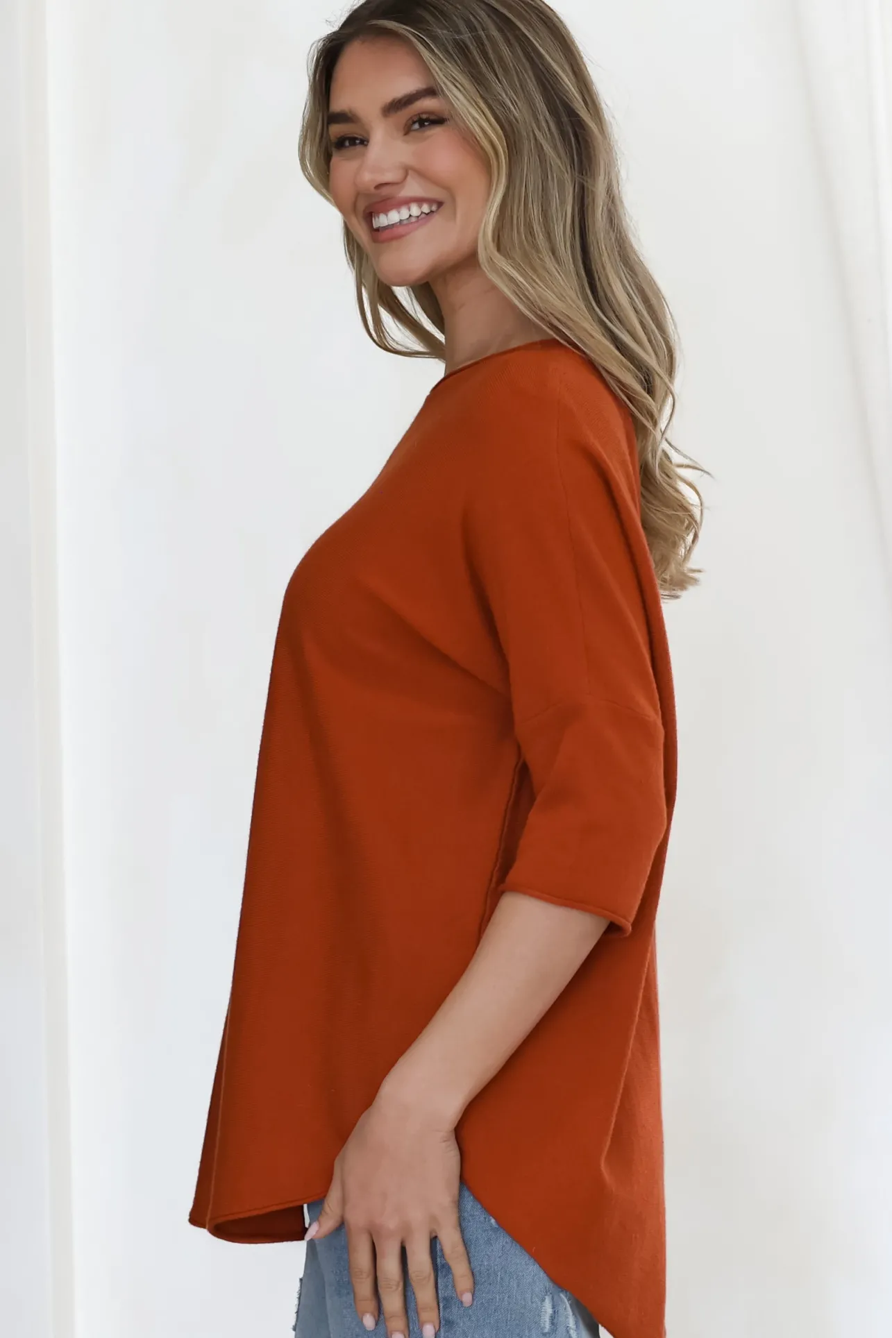 Allegra Knit Top - Crew Neck Curved Hem Box Silhouette Top in Burnt Orange>Salty Crush Hot