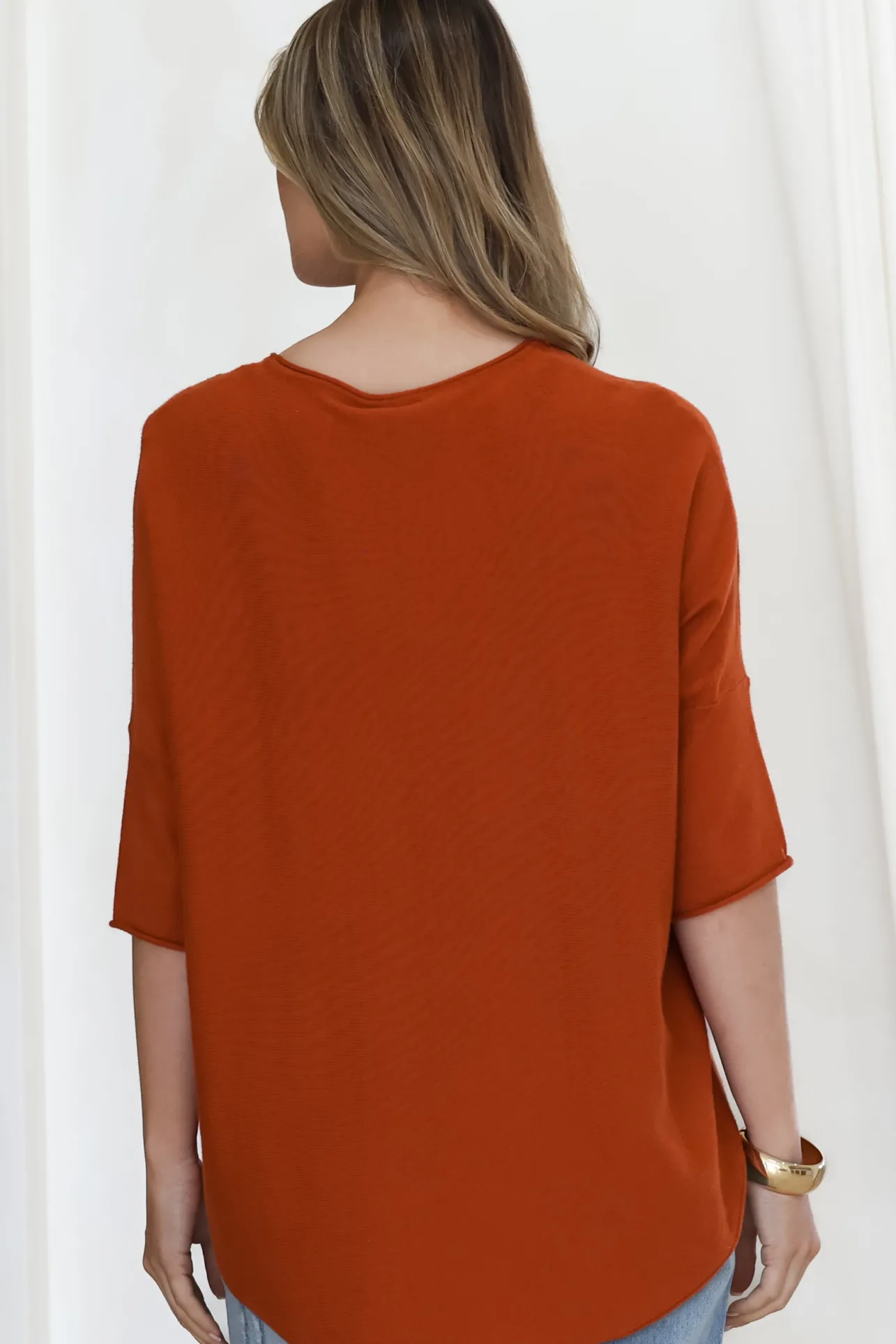 Allegra Knit Top - Crew Neck Curved Hem Box Silhouette Top in Burnt Orange>Salty Crush Hot