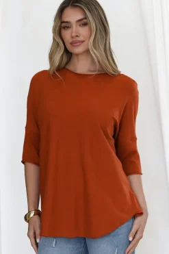 Allegra Knit Top - Crew Neck Curved Hem Box Silhouette Top in Burnt Orange><noscript><img width=