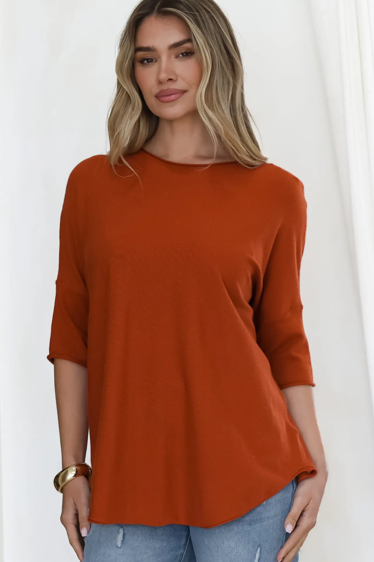 Allegra Knit Top - Crew Neck Curved Hem Box Silhouette Top in Burnt Orange>Salty Crush Hot