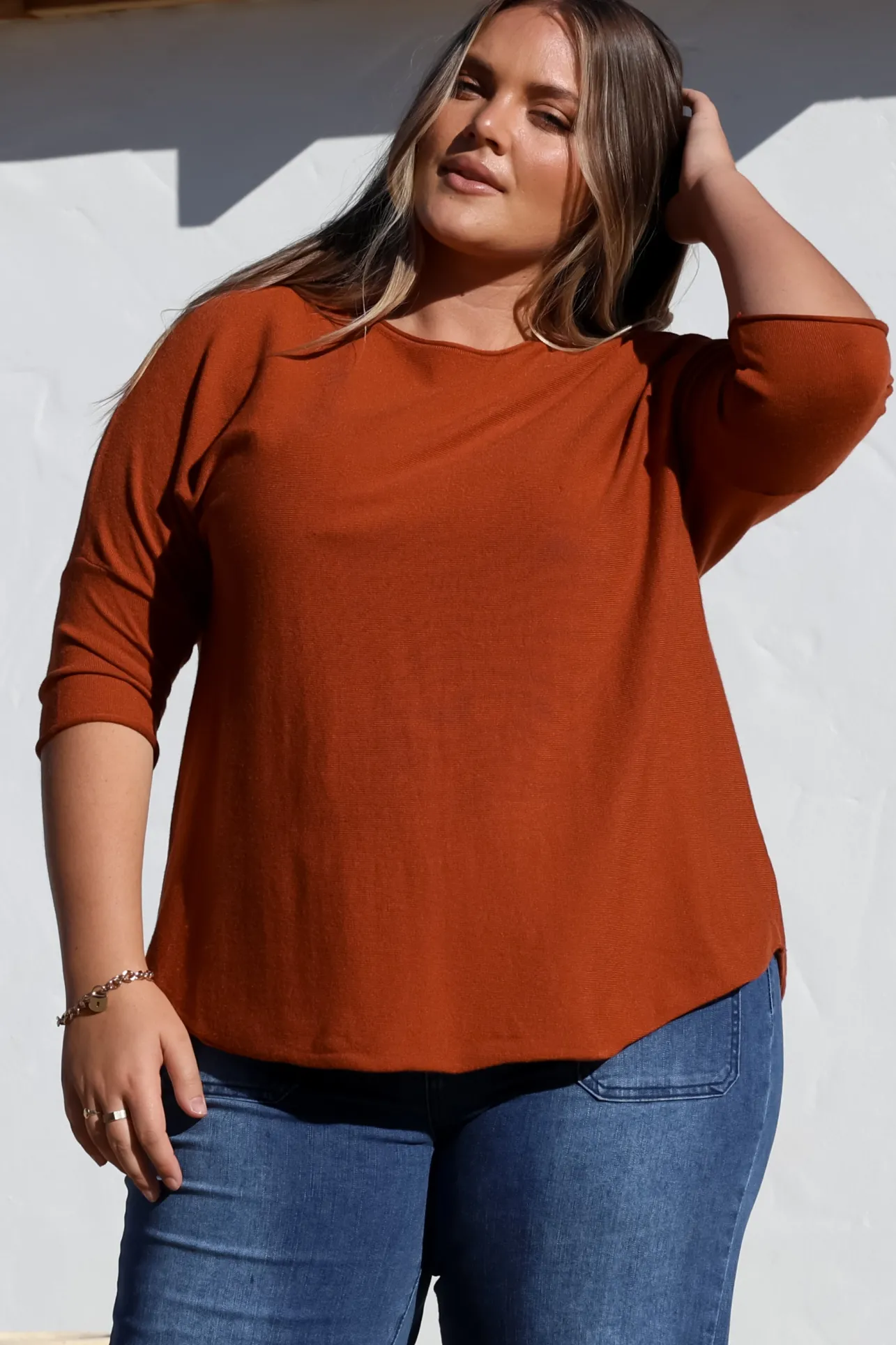 Allegra Knit Top - Crew Neck Curved Hem Box Silhouette Top in Burnt Orange>Salty Crush Hot