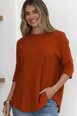 Allegra Knit Top - Crew Neck Curved Hem Box Silhouette Top in Burnt Orange><noscript><img width=